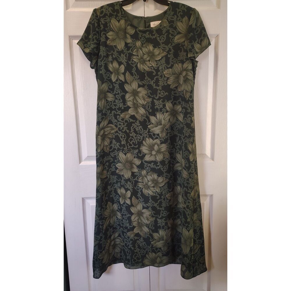 Vtg 90s Boho Cottagecore Kathie Lee Green Floral Short Sleeve Midi Dress Size 12